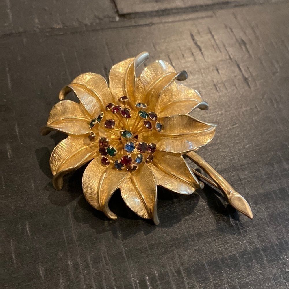 Vintage Judy Lee Rainbow Rhinestone Sunflower Floating Stamens Brooch Pin‌‌‌‌‌‌